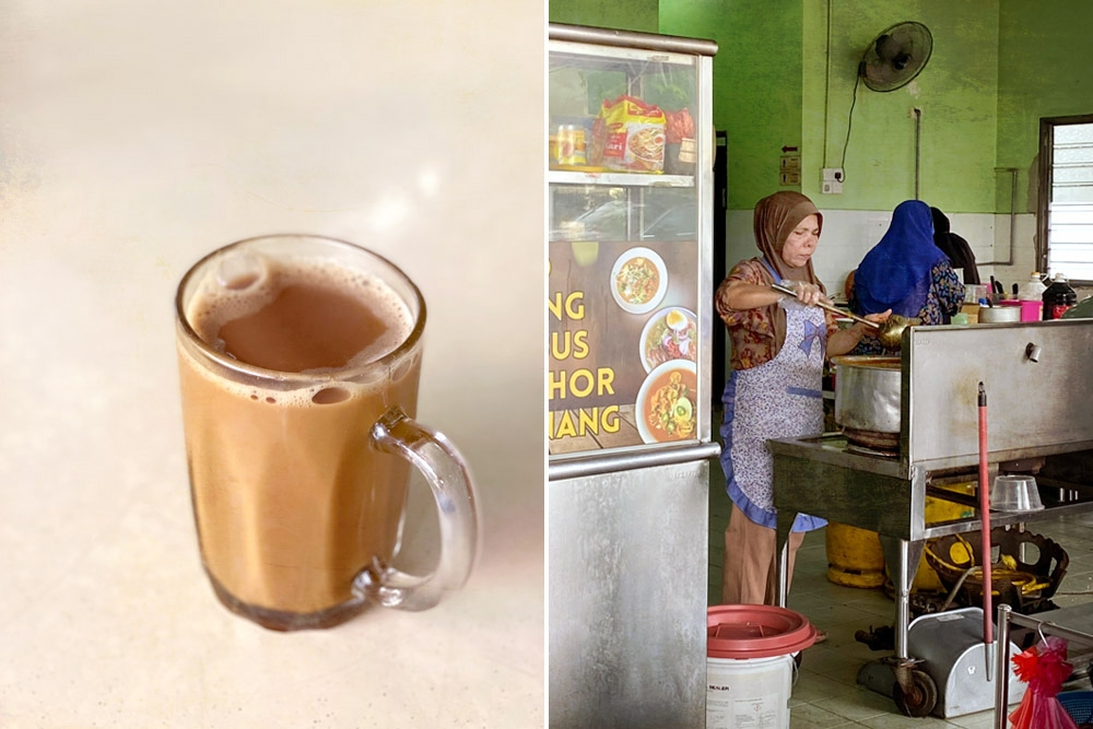 ‘Teh tarik’ (left). Dishing up the gravy for ‘laksa’ Johor (right).  — Picture by CK Lim