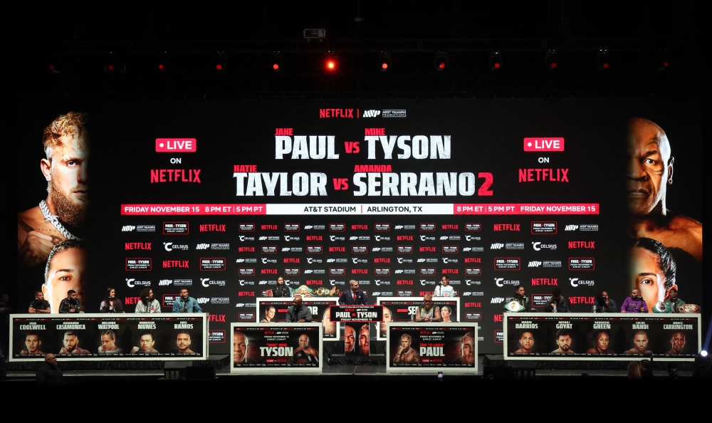 A general view of all the fighters on the card during a press conference to promote the Mike Tyson and Jake Paul fight at The Pavilion at Toyota Music Factory. — Kevin Jairaj-Imagn Images pic via Reuters