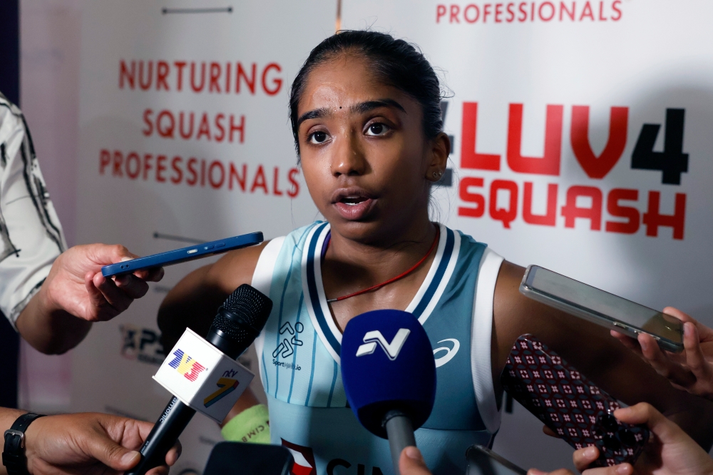 National squash player S. Sivasangari speaks to reporters after the 2024 Malaysia Squash Cup the women’s final match at The Curve, Mutiara Damansara November 17, 2024. — Bernama pic