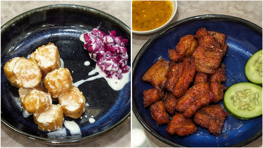 Top secret shrimp paste ‘you tiao’ didn't quite hit the mark (left). Thankfully, the black garlic fried pork belly still holds up (right).