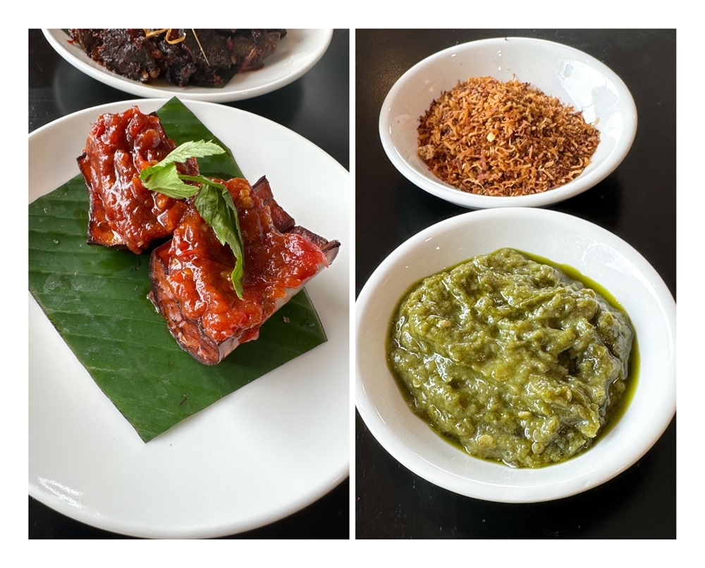 Terung Bakar Sambal has well grilled eggplant with a creamy texture topped with ‘sambal’ (left). Select from four types of ‘sambal’ like this Sambal Hijau (bottom) and the Sambal Kelapa (top) for a flavour bomb to your rice. — Picture by Lee Khang Yi