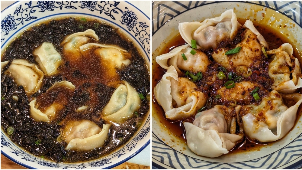 Wontons’ two ways: mixed flavour (left) in a seaweed-infused broth, and Sichuan spicy (right) in a sour and spicy chilli oil and vinegar mixture. — Picture by Ethan Lau