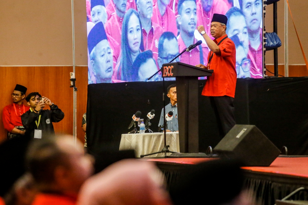 Bersatu president Tan Sri Muhyiddin Yassin speaks during the party’s special assembly at the Ideal Convention Centre in Selayang, Selangor on March 2, 2024. — File picture by Hari Anggara.