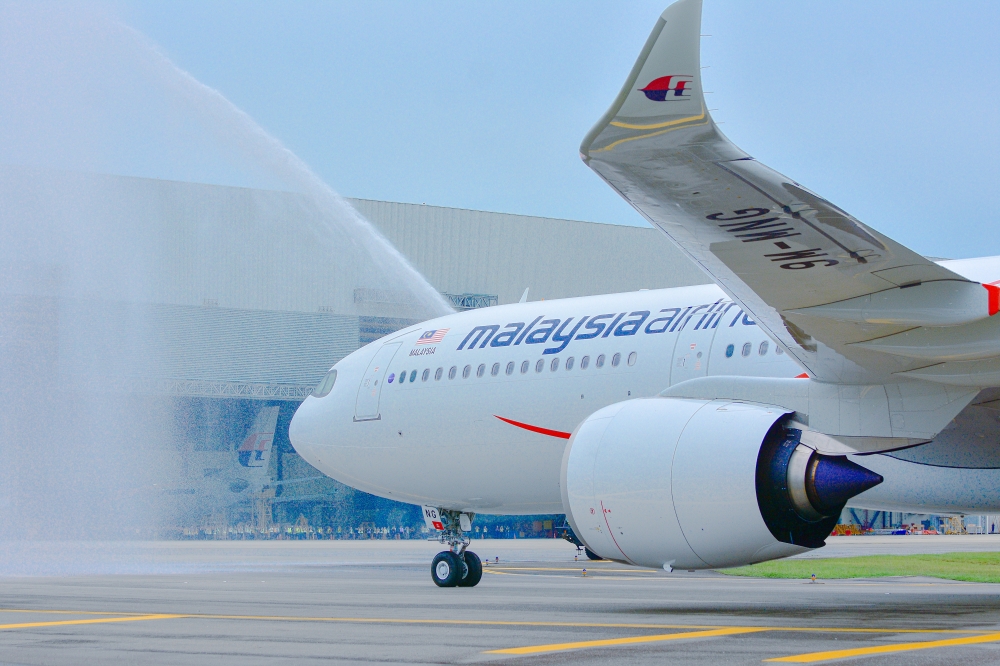 Malaysia Airlines’ new Airbus A330neo is greeted by a traditional water cannon salute upon arrival at Kuala Lumpur International Airport (KLIA) November 29, 2024. — Picture courtesy of Malaysia Aviation Group Berhad