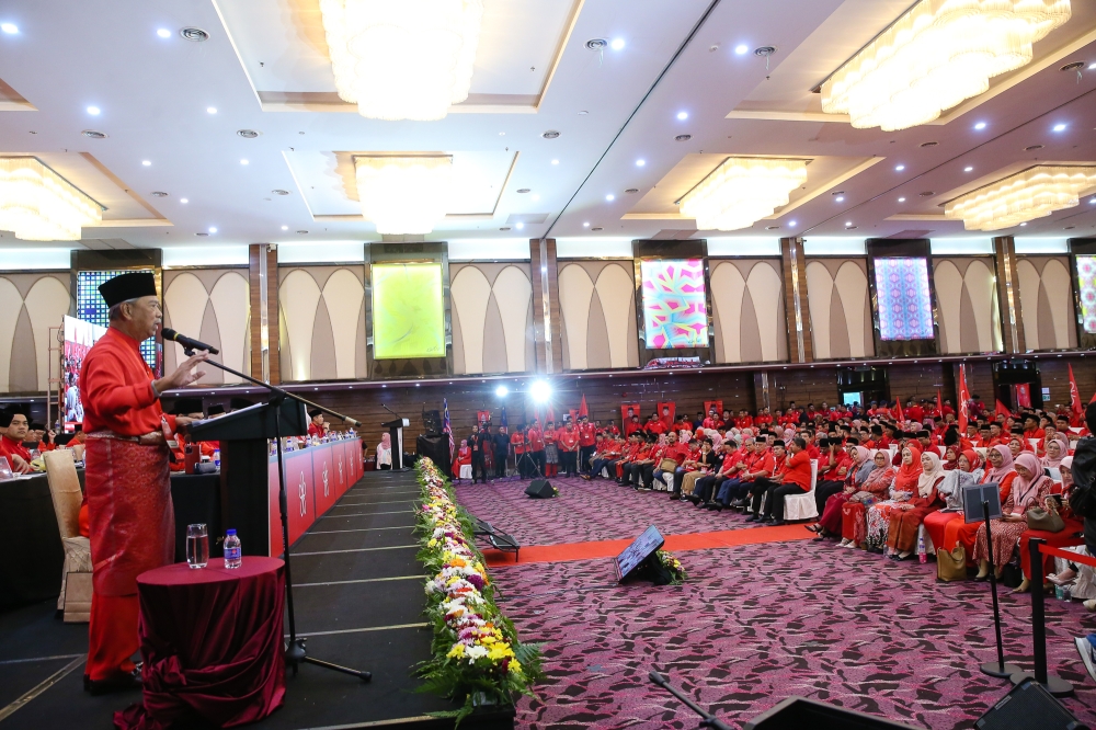 Bersatu president Tan Sri Muhyiddin Yassin speaks during the party’s annual general meeting at Ideal Convention Centre (IDCC) in Shah Alam December 1, 2024. — Picture by Yusof Mat Isa