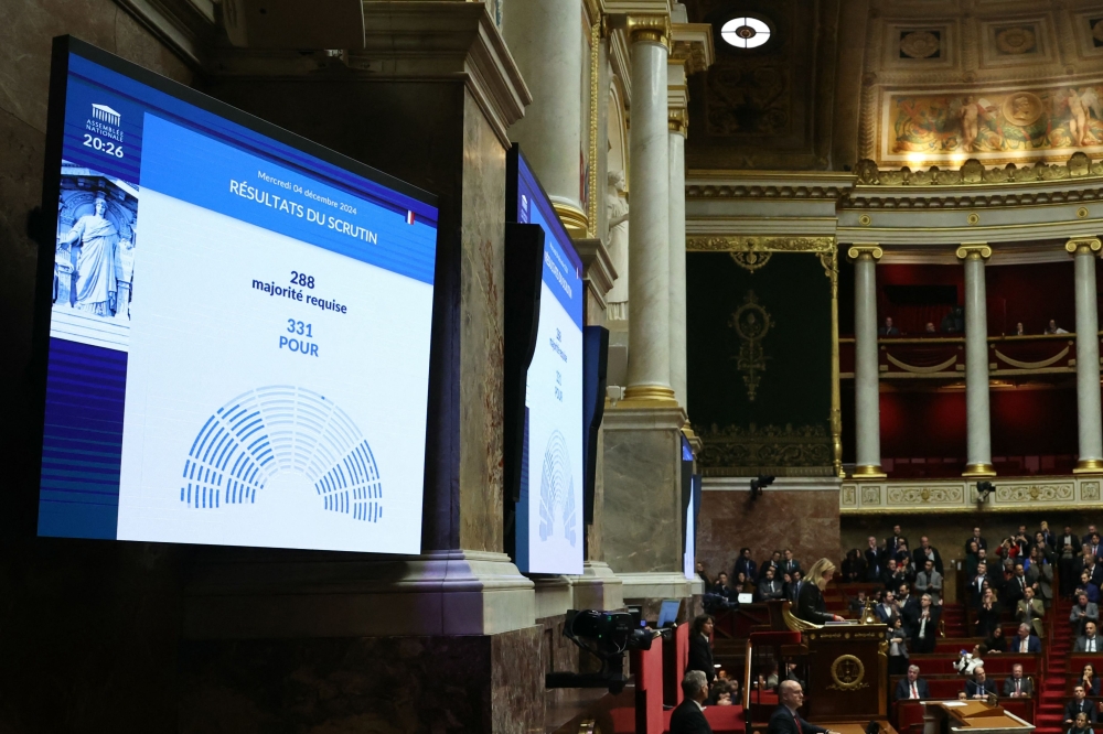 This photograph shows the result of the no-confidence vote on Prime Minister Michel Barnier's administration displayed on a screen at the National Assembly in Paris on December 4, 2024 after French MPs voted to oust the government after just three months in office in a move which deepens a political crisis in the country. — AFP pic