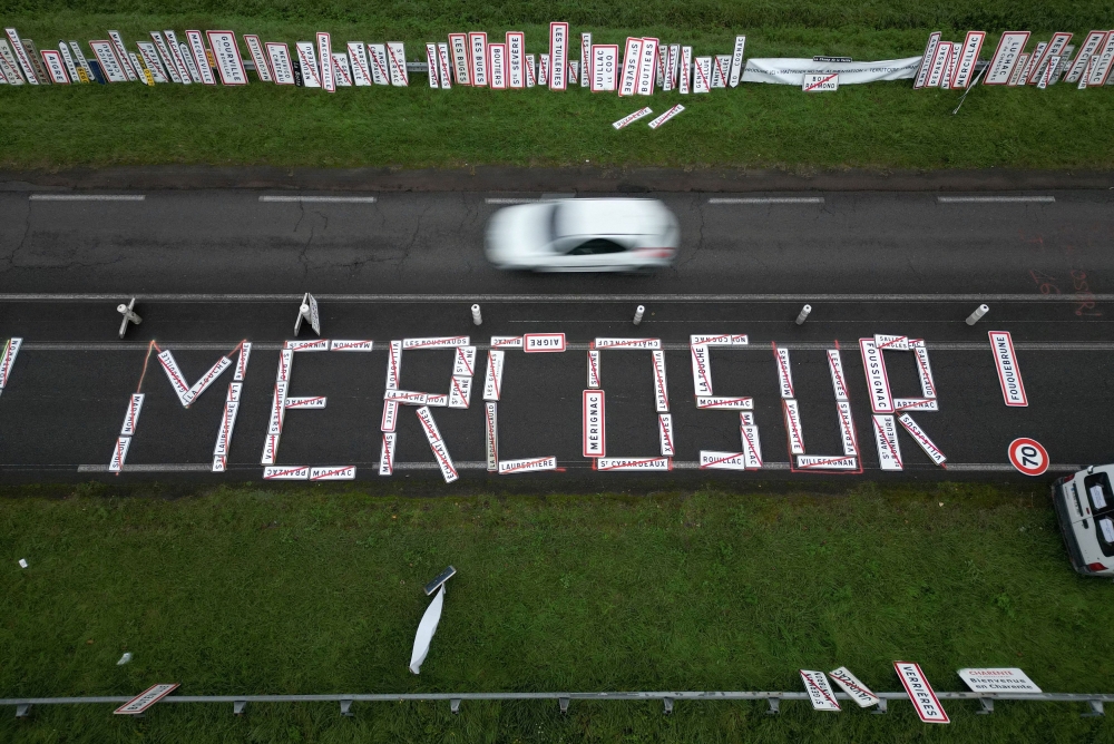 A drone view shows the word ‘Mercosur’ made with city signs on a road as French farmers protest against the prospect of a trade agreement between the European Union (EU) and the Latin American countries united within Mercosur, near Angouleme, France, November 18, 2024. — Reuters pic  