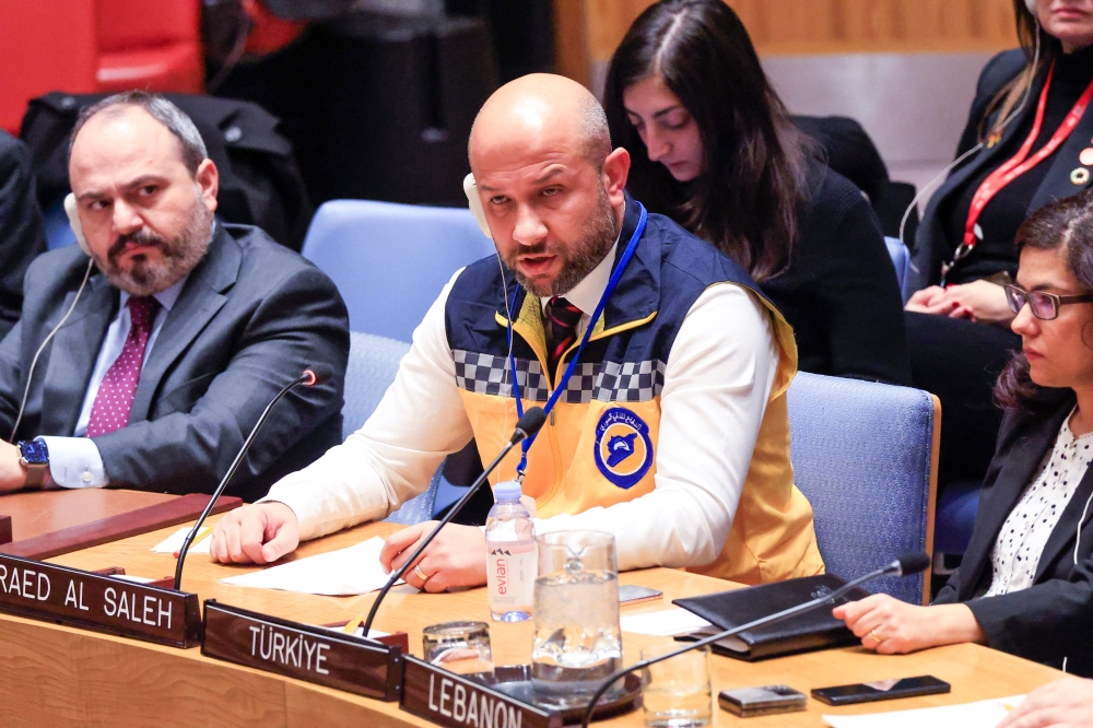 The Director of the Syrian White Helmets, Raed Al Saleh speaks to the UN Security Council as it holds an emergency meeting on Syria, at UN headquarters in New York on December 3, 2024. — AFP pic