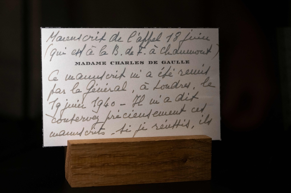 This photograph taken on December 6, 2024, shows a card from General de Gaulle’s wife Yvonne, displayed ahead of an auction of General de Gaulle’s personal memorabilia and writings, at Artcurial auction house in Paris. — AFP pic