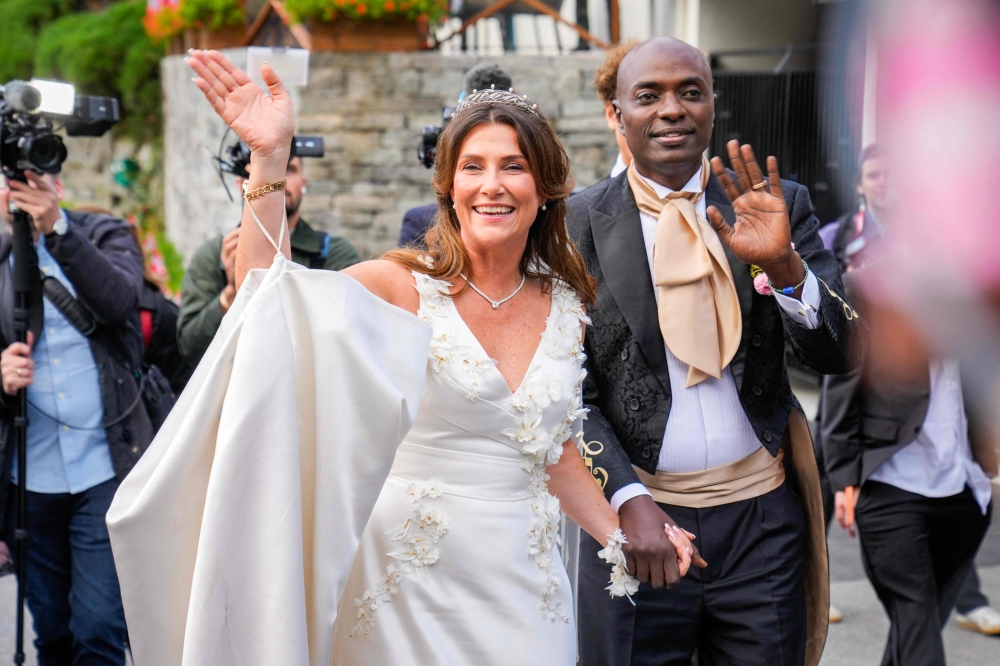 Princess Martha Louise of Norway and Durek Verrett arrive at their wedding party at Hotel Unio in Geiranger, Norway, on August 31, 2024. — Heiko Junge/NTB/AFP pic