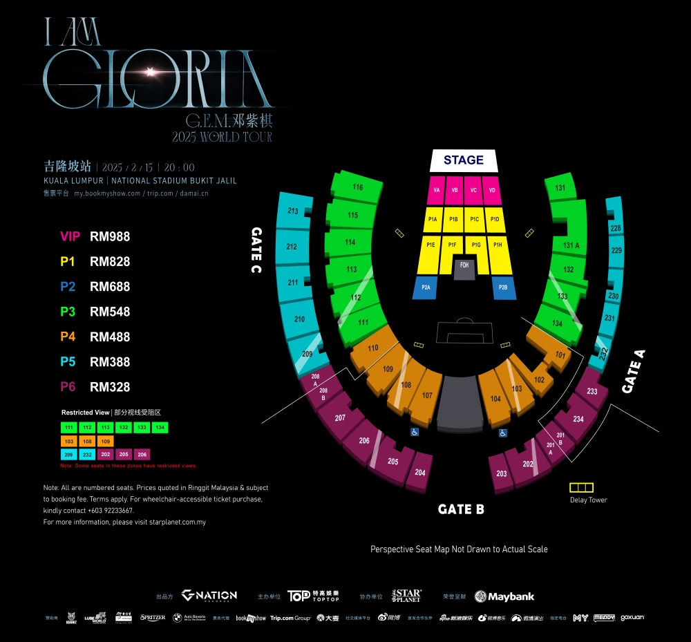 The seating plan and prices for the Kuala Lumpur stop of G.E.M.’s ‘I AM GLORIA’ World Tour. — Picture courtesy of Star Planet