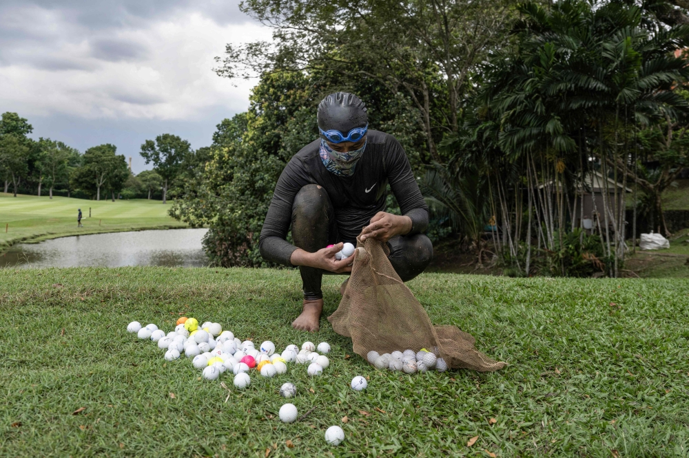 Sumadi Ibrahim puts golf balls he recovered from a pond into a net at a course in Shah Alam, Selangor, on Nov 11, 2024. — AFP pic