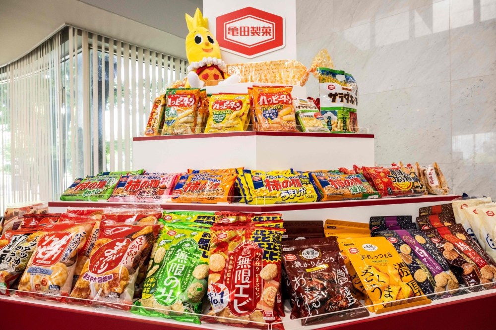 Kameda Seika’s products displayed at the company’s headquarters in Niigata city, Niigata prefecture August 5, 2024. — AFP pic