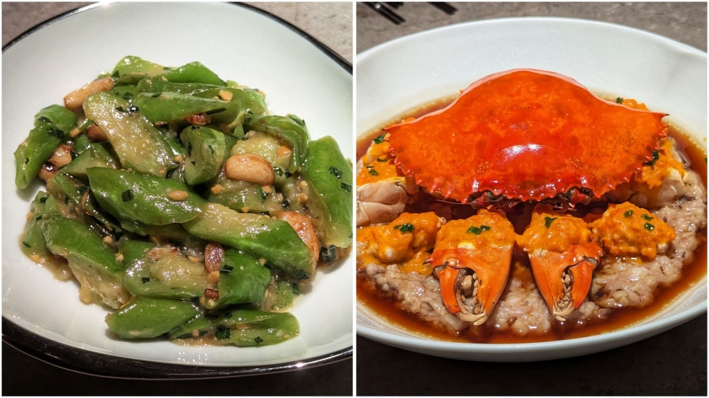 A simply genius dish of wok-fried eggplant with fermented soybean, garlic, basil and pine nuts (left). Steamed Hele crab with minced pork (right). — Picture by Ethan Lau