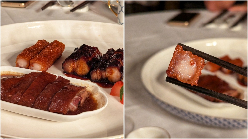 The ‘siu mei’ platter at Bingsheng Mansion (left). The crispy ‘char siu’ is unlike anything you’ve ever tasted (right).  — Picture by Ethan Lau