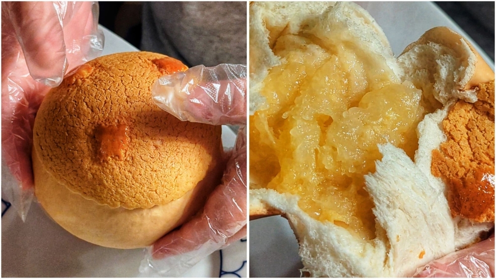 The signature ‘polo bao’ (left). Open it to reveal the pineapple jam inside (right). — Picture by Ethan Lau