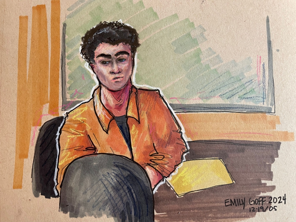 Luigi Mangione, the suspect in the murder of UnitedHealth Group executive Brian Thompson, sits before his two hearings at Blair County Court in Hollidaysburg, Pennsylvania December 19, 2024 in a courtroom sketch. — Reuters pic