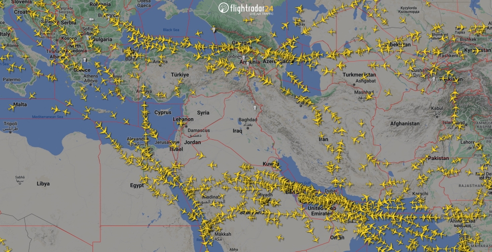 A graphical representation of air traffic shows airspace over Iran and the neighbouring Middle East at 0000 GMT, April 14, 2024. — Reuters/Flightradar24.com