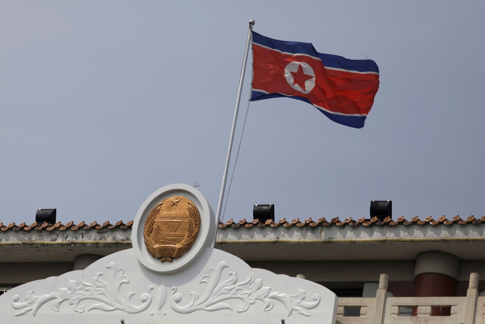 The North Korean flag flutters at the North Korea consular office in Dandong, China April 20, 2021. The first Japanese foreign minister to visit since April last year, Iwaya may raise his country’s concerns about Chinese military activities around Japan as well as regional issues including North Korea. — Reuters pic