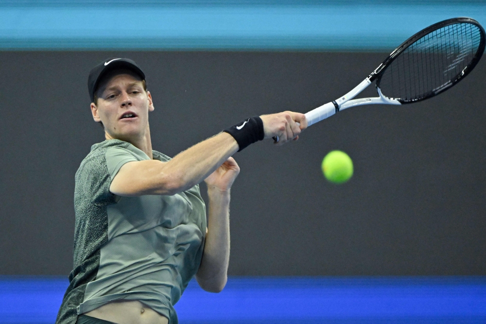 Italy’s Jannik Sinner hits a return against Chile’s Nicolas Jarry during their men’s singles match at the China Open tournament in Beijing September 26, 2024. — AFP pic