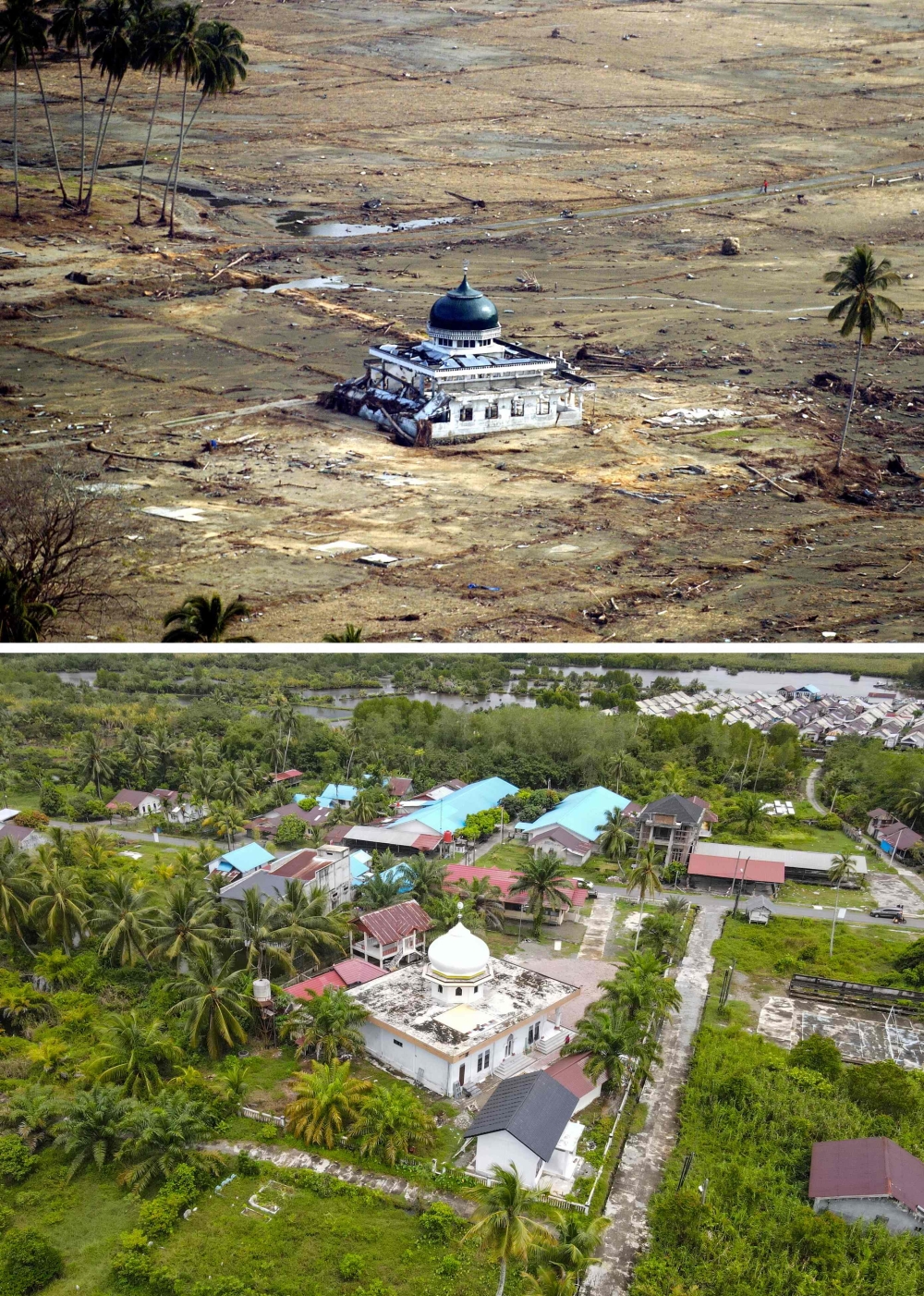 A mosque stands alone after the devastating 2004 sunami in Kuala Bubon on the outskirts of Meulaboh, Aceh and the area today. — AFP