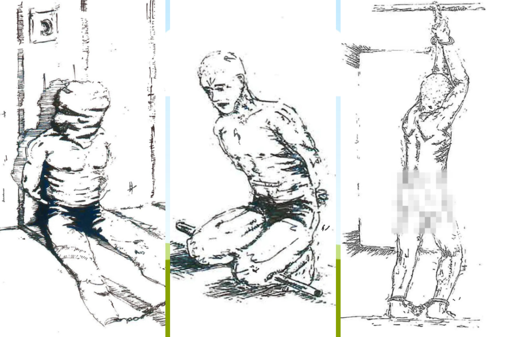 Some of the sketches of torture experienced by Mohamad Farik Amin at Guantanamo. 