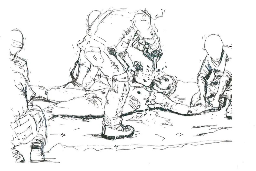 One drawing depicted four guards, some wearing balaclavas, holding him to the floor while another CIA agent straddled him and poured water on his face and body.