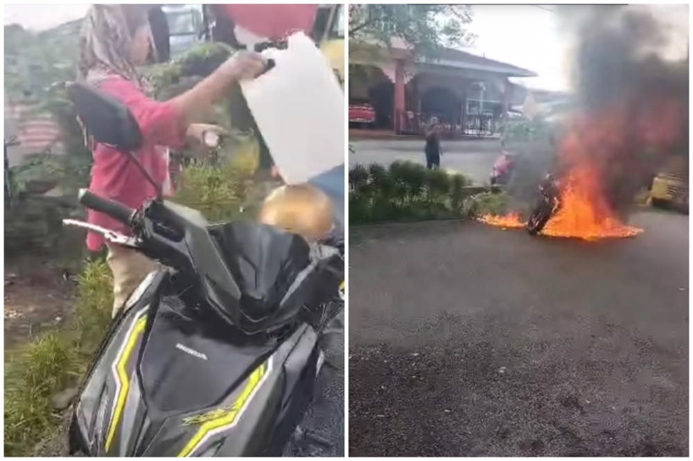 The trader  wasfrustrated by the impending repossession of the motorcycle due to 20 months of missed payments had set the vehicle ablaze. — Screengrab from Facebook/Aiman Tak Kesah