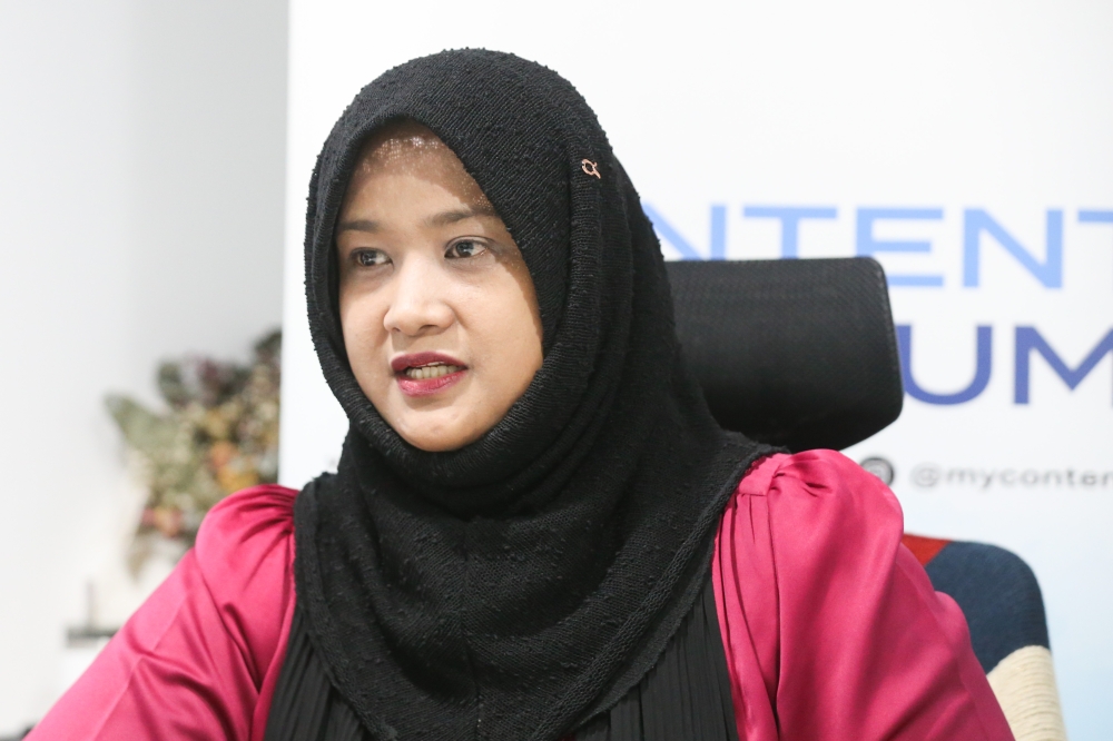 Mediha Mahmood explained that Malaysia’s media laws permit podcasts to cover important or controversial topics. — Picture by Miera Zulyana