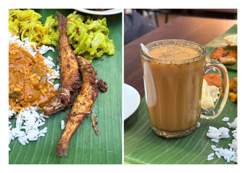 There’s a selection of fried items like chicken and the tiny ‘ikan bulus’ (left) to add to your meal, which should be finished off with their fragrant Masala Tea (right) — Picture by Lee Khang Yi