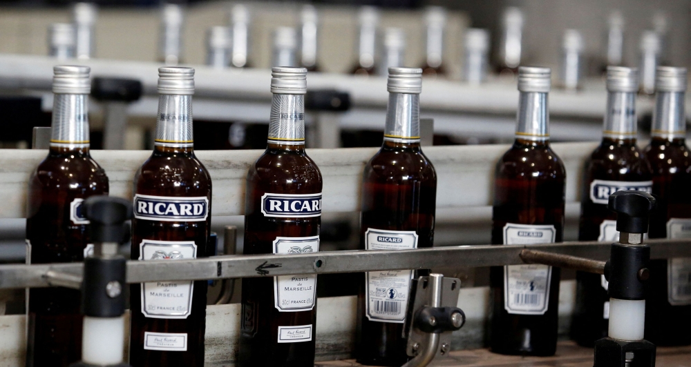 Bottles of Ricard's aniseed-flavoured beverage are pictured at the Ricard manufacturing unit in Lormont, near Bordeaux, France February 15, 2019. — Reuters pic