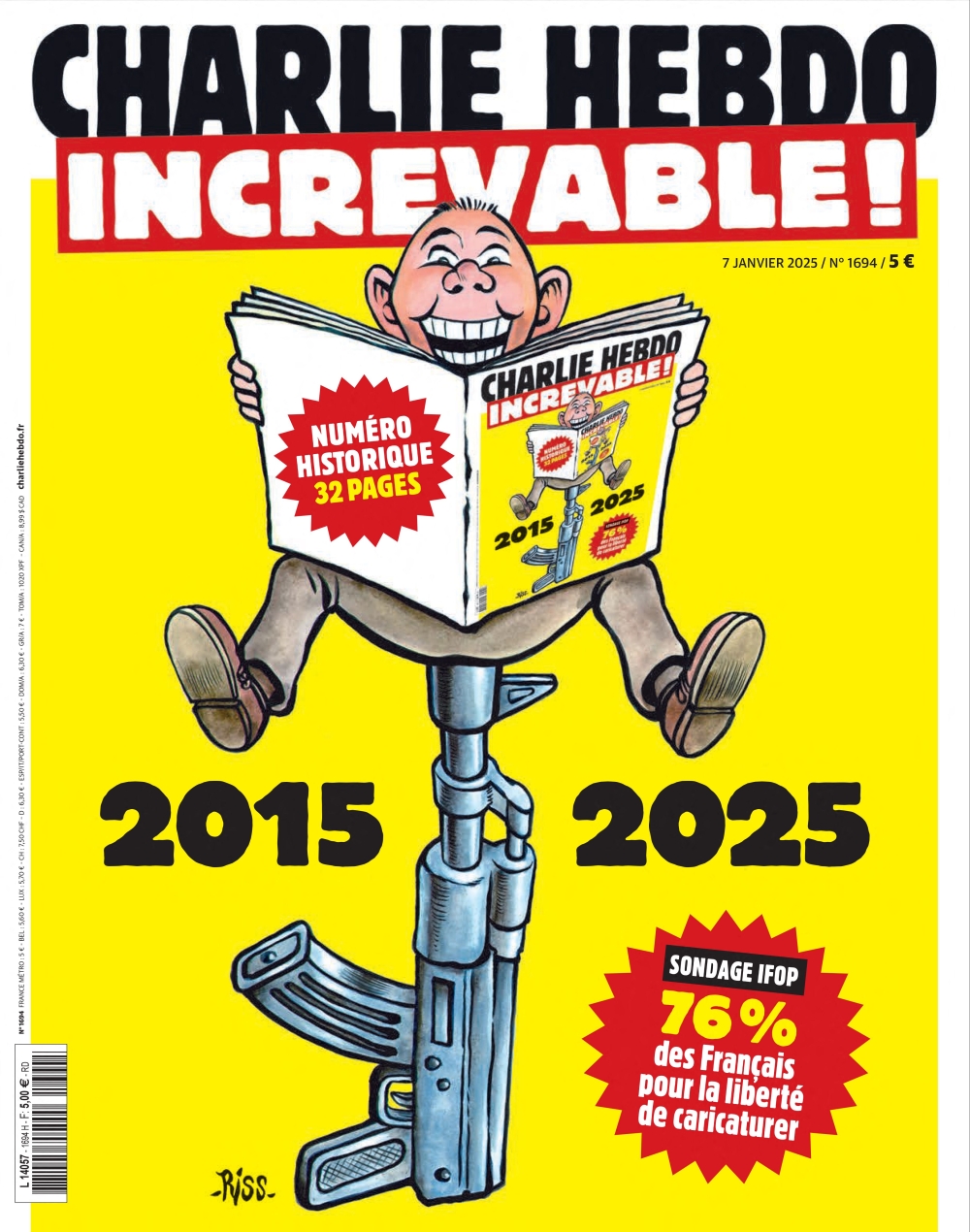 This handout picture released on January 6, 2025 by French satirical weekly Charlie Hebdo shows the front-page of its special edition mark ten years since an attack on its offices. — AFP