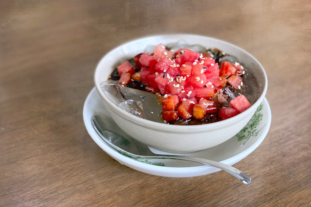 . A refreshing bowl of Sichuan Bingfen, with cubed watermelon and jelly. — Picture by CK Lim