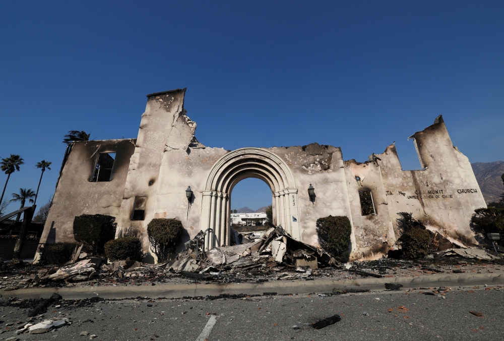 A view of burned out Altadena Community Church, in the area affected by devastating Eaton Fire in Altadena, California, January 10, 2025. — Reuters pic