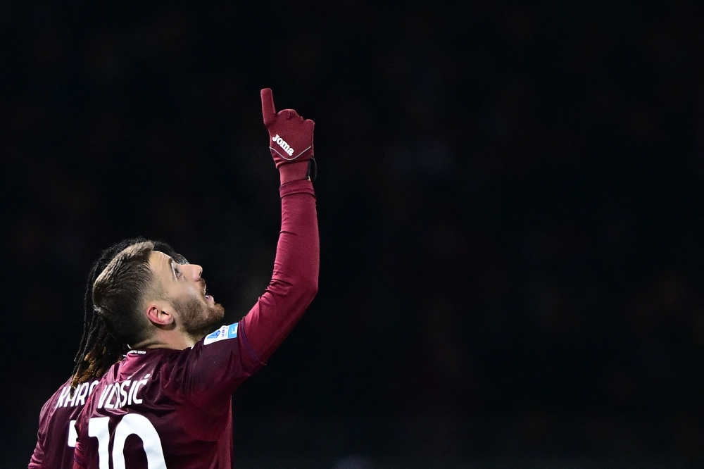 Torino’s Croatian Nikola Vlasic celebrates after scoring the team’s first goal during the Italian Serie A football match between Torino and Juventus at the Olympic Grande Torino stadium in Turin. — AFP