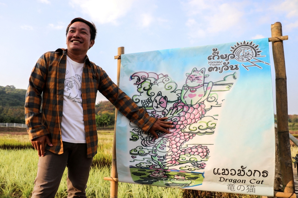 Tanyapong Jaikham, 42, an artist and amateur farmer, poses next to an image of dragon and cat figures, near rice fields in Chiang Rai province, north of Thailand, January 11, 2025. — Reuters pic