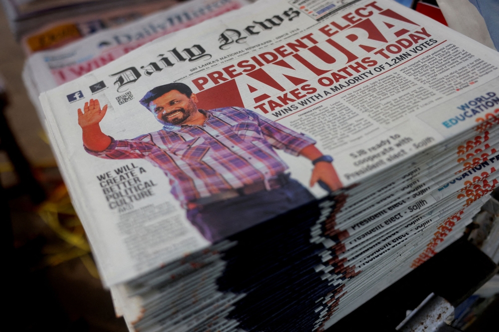 The front page of a newspaper shows Anura Kumara Dissanayake from the National People’s Power (NPP) after his victory in the presidential election, in Colombo, Sri Lanka, September 23, 2024. — Reuters pic