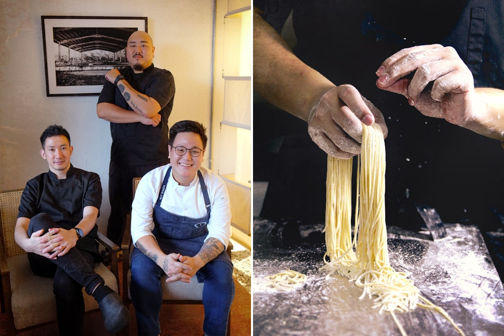 Fifty Tales, left to right: Bimmy Soh, Aaron Phua and Aaron Khor (left). Handmade noodles (right) — Picture courtesy of Fifty Tales