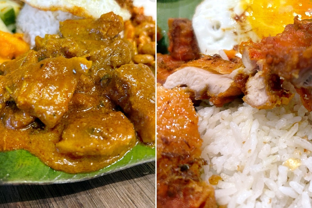 Rich pork curry (left). Juicy chicken fried to order (right). — Picture by CK Lim