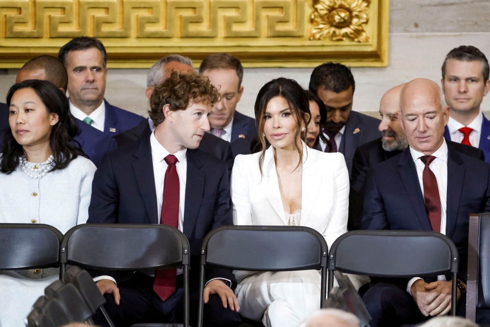 Priscilla Chan, Meta CEO Mark Zuckerberg, Lauren Sanchez, and founder of Amazon Jeff Bezos, among other dignitaries, attend the inauguration day of U.S. President-elect Donald Trump's second Presidential term in Washington January 20, 2025. — Shawn Thew/Pool pic via Reuters