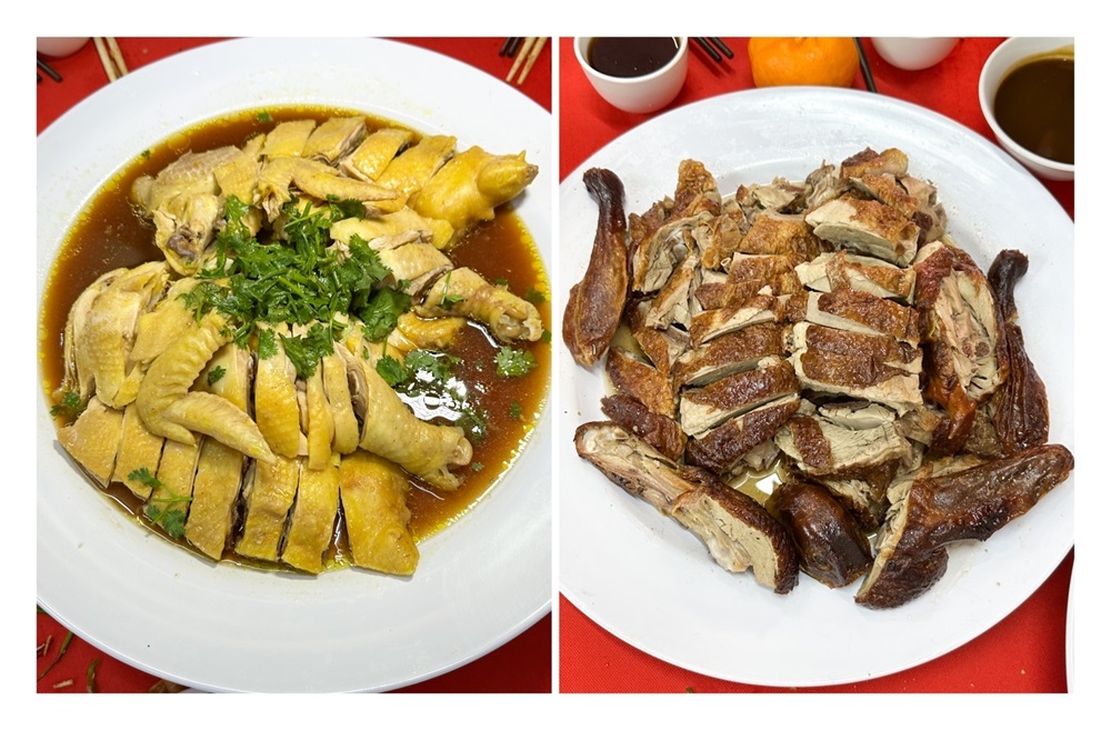 Hainanese Steamed Kampung Chicken from Restoran Nasi Ayam Kam Kee (left) is served with ginger and chilli sauces and the unique Signature Salted Duck from Sze Ngan Chye (right) that uses a salt marinade. — Picture by Lee Khang Yi 