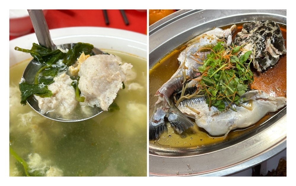 Fish Paste & Malabar Spinach Soup from Gerai Makanan Sai Kee (left) with its fish paste and the Steamed Fish from Restoran Han Kee (right) that is silky smooth. — Picture by Lee Khang Yi 