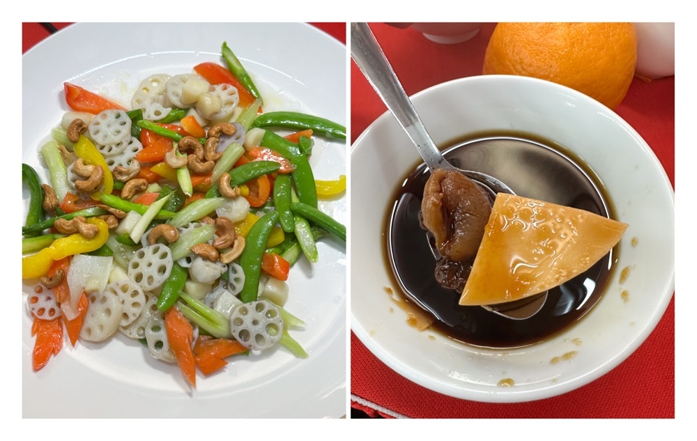 Voila Meat-Free Restaurant’s Stir-fried Lotus Root & Celery (left) is a crunchy delight while dessert is a unique combination of Air Mata Kucing stall’s Luo Han Guo Longan Dessert with smooth Almond Tofu Pudding from Seong Ying Chai (right). — Picture by Lee Khang Yi 