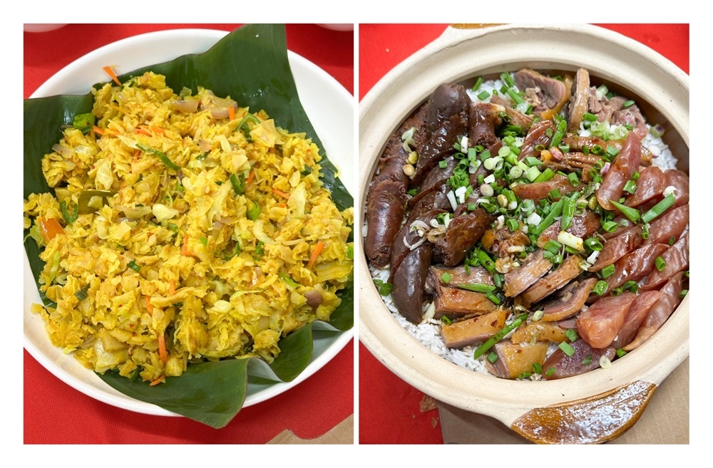 The Lankan KL’s Vegetarian Kottu Roti (left) is a ‘muhibbah’ addition to the reunion dinner while Cured Meat Claypot Rice (right) from Restoran Kiew Yee Baru is an old school dish. — Picture by Lee Khang Yi 