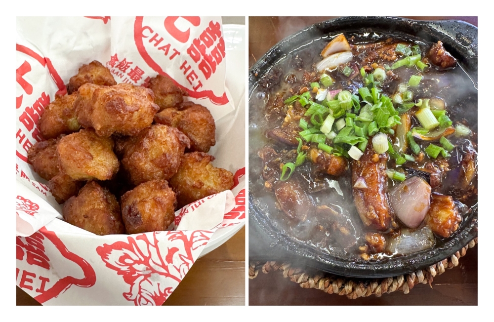 Signature Fried Pork Ball (left) gets the vote for addictive bites but the Eggplant with Minced Meat (right) is ruined by the overabundance of oil  — Picture by Lee Khang Yi