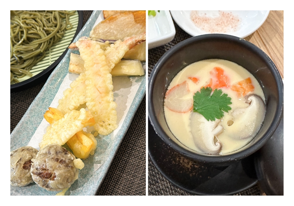 An assortment of tempura with seafood and vegetables is paired with the Cha Soba (left) and also served with 'chawan mushi' (right). —  Picture by Lee Khang Yi