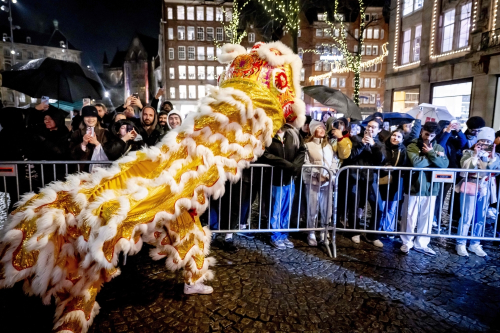 观众在大坝广场的《中国农历新年》的庆祝活动中观看龙舞。 - 法新社图片