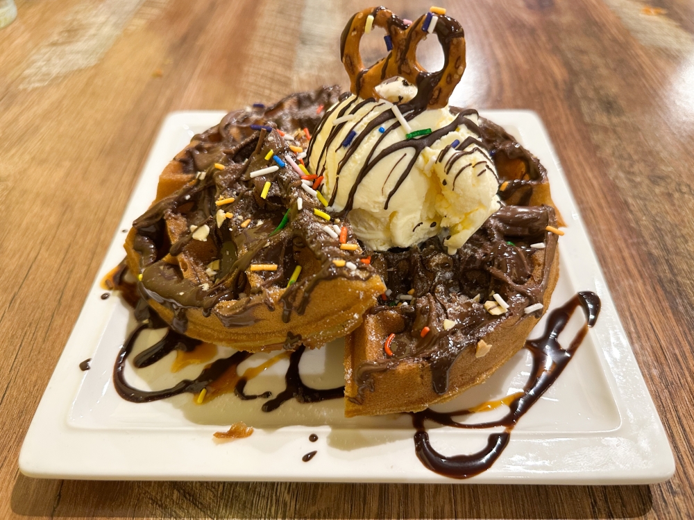 Buttermilk Waffle with Nutella and Pretzel offers a decadent end to the meal — Picture by Lee Khang Yi