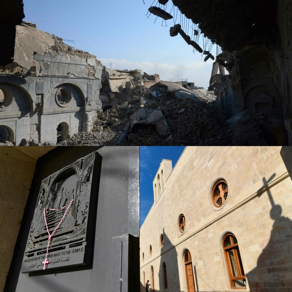 This combination of pictures created on February 5, 2025 shows a partial view of the destroyed Al-Tahera Al-Kubra church in old Mosul on January 6, 2018 (top) and below it a picture of the renovated 19th century church, which was damaged during the conflict with the Islamic State (IS) group, taken on February 3, 2025. — AFP pic