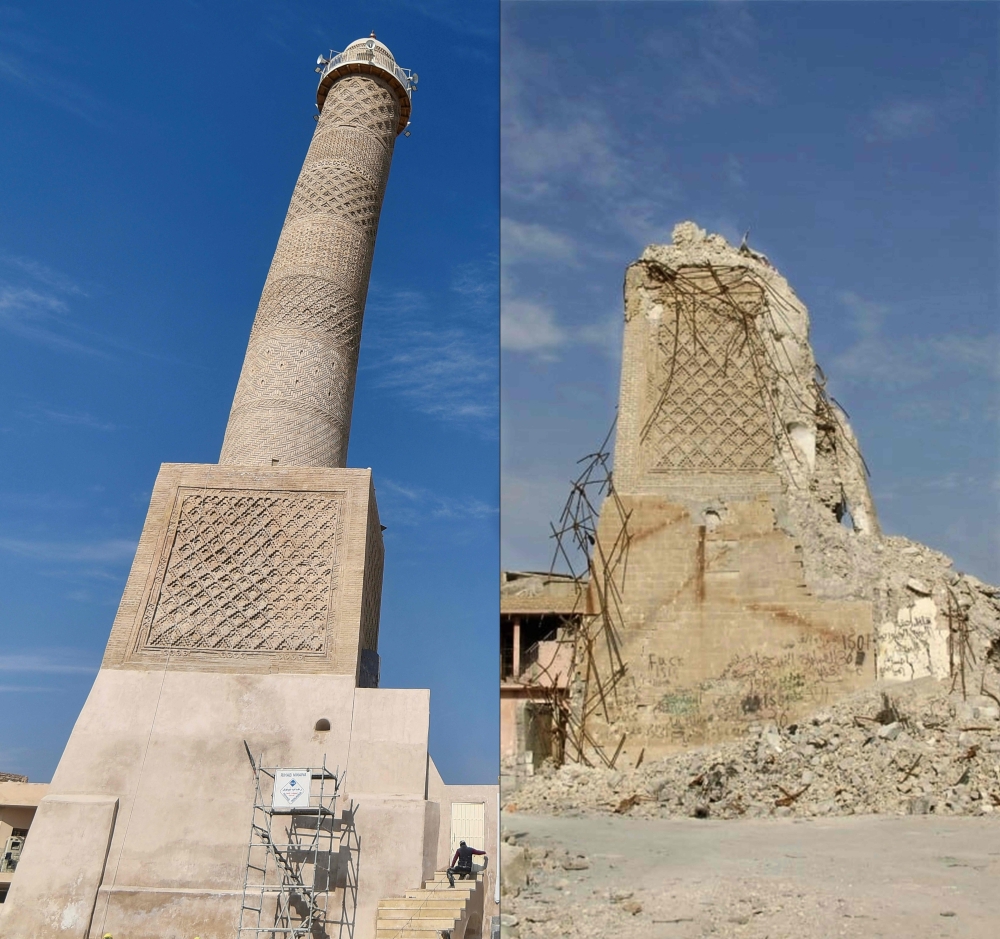 This combination of pictures created on February 5, 2025 shows the final stages of the reconstruction of the historic ‘Al-Hadba’ leaning minaret (left), which dates back to the 12th century and was destroyed during the reign of the Islamic State (IS) group in Mosul’s old city on February 3, 2025 along with the same destroyed minaret on January 6, 2018 in northern Iraq. — AFP pic